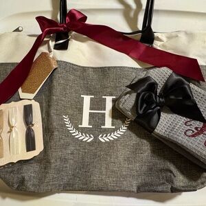 Gray and Cream Tote Bag with Monogram